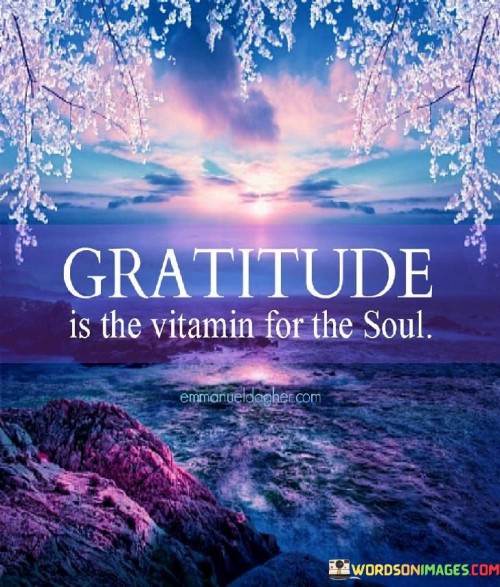 Gratitude to a soul-nourishing vitamin. It's like giving your inner self a boost. Just as vitamins support physical health, gratitude enriches your emotional well-being. By practicing gratitude, you cultivate a positive mindset and enhance your overall mental and emotional state.

It's like taking care of your inside. Just as vitamins help your body, gratitude supports your emotional health. By being thankful, you can improve how you feel and think.

Ultimately, the quote underscores the positive impact of gratitude on the soul. It's essential for well-being. By incorporating gratitude into your daily life, you can foster a more joyful and content outlook, leading to a healthier and more fulfilling inner self.