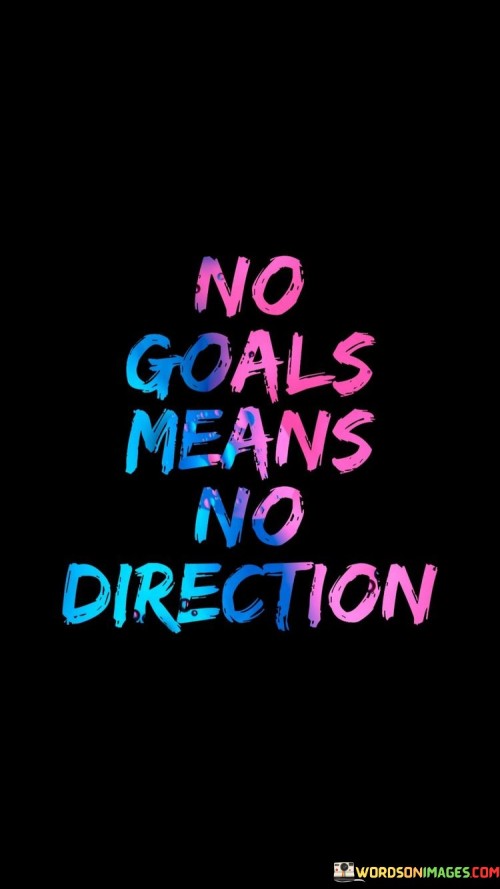 This quote emphasizes the importance of having objectives. Without goals, you lack a clear path. Goals act like a roadmap guiding your actions. They provide purpose and a sense of where you're heading in life.

Just like a ship needs a destination, you need goals to navigate. Without them, you might feel lost or unsure. Goals give you a target to aim for, helping you make decisions and prioritize your efforts.

Goals keep you motivated and focused on achieving something. They drive you forward, helping you measure progress. This quote highlights that without goals, you might drift without purpose. Having goals ensures you're moving towards something meaningful and fulfilling.