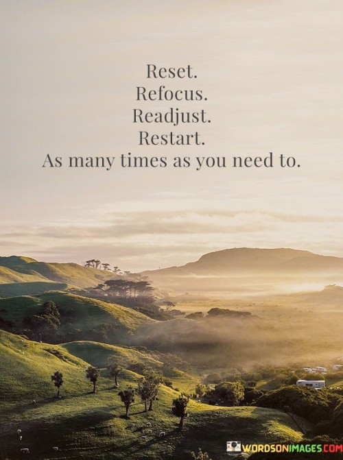 This quote encapsulates the process of overcoming challenges. "Reset" means starting anew, "refocus" implies concentrating on your goal, "readjust" signifies adapting your approach, and "restart" means beginning again. It's a succinct roadmap for handling setbacks, emphasizing the importance of perseverance and adaptability.

The quote outlines a practical approach to tackling obstacles. When faced with difficulties, "reset" urges a fresh perspective. "Refocus" emphasizes channeling energy towards the desired outcome. "Readjust" suggests flexibility in strategies, while "restart" reminds us to persevere despite setbacks. It's a sequence that encourages resilience.

In life's journey, setbacks are inevitable. This quote offers a structured method for navigating them. It promotes resilience by advising not to give up but to reset your mindset, refocus your efforts, readjust your strategies, and restart your pursuit. It underscores the value of tenacity and the ability to overcome adversity.