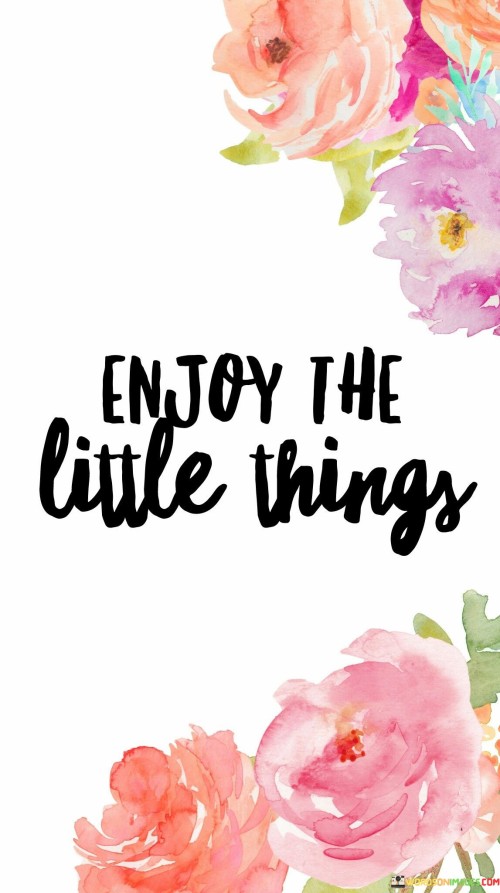 This quote urges finding joy in small moments. Life's beauty lies in tiny details often overlooked. Like admiring a tiny wildflower, appreciating little things adds richness to life, reminding us of simple pleasures and fleeting wonders.

Simple moments hold magic. The quote emphasizes noticing the ordinary. It's like savoring a warm cup of tea on a chilly day. These small instances form a tapestry of happiness, offering solace and reminding us to cherish life's uncomplicated treasures.

The quote's essence is embracing mindfulness. It encourages being present. By relishing the little things, you cultivate gratitude. Whether it's a sunset, laughter, or a cozy hug, these moments weave together, creating a mosaic of contentment and enhancing your overall well-being.