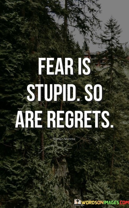 This quote addresses fear's irrationality. It suggests fear lacks logic, much like a nonsensical idea. Regrets share this foolishness; dwelling on the past holds little value. The quote encourages not letting fear or regrets control decisions, akin to ignoring impractical notions.

Fear limits growth. The quote underscores its hindrance. It's like a locked door preventing progress. Regrets, too, block forward movement. By acknowledging their irrationality, you free yourself from their grip, opening doors to personal development and a fulfilling journey.

This quote champions empowerment. It underscores the importance of transcending fear and regrets. It's like crossing a bridge from limitation to liberation. By dismissing their irrational nature, you embrace a mindset focused on progress and positivity, creating a path toward a more fulfilled and courageous life.