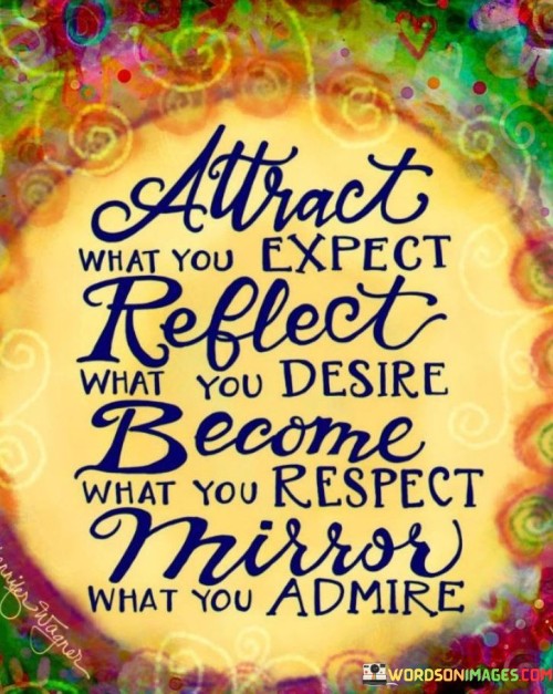 The quote encapsulates a message of self-empowerment and personal development. "Attract what you expect" signifies the importance of setting positive expectations. "Reflect what you desire" suggests aligning actions with one's aspirations. "Become what you respect" emphasizes the value of integrity and ethics, while "mirror what you admire" conveys the idea of emulating qualities in others that are worthy of admiration.

The quote underscores the principle of the law of attraction. It highlights the notion that the energy and attitudes we put out into the world can influence what we draw into our lives. "Attract what you expect" suggests that having a positive mindset can lead to positive outcomes.

In essence, the quote encourages a holistic approach to personal growth. It emphasizes that our beliefs, desires, values, and aspirations shape our reality. By expecting the best, aligning with our desires, respecting values, and emulating admirable qualities, we can create a more fulfilling and purpose-driven life.