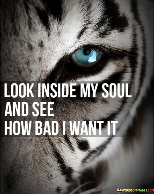 Peer into my soul, witness my fervor. My desire burns fiercely. It's a fire within. Unveil my determination, my longing etched deep. My passion's intensity is evident. Look beyond my exterior; my soul reveals my unwavering commitment.

Gaze inward and comprehend my hunger. It's an unquenchable thirst. My soul mirrors my ambition. The want, the yearning—undeniable. Feel my resolve in every fiber. My soul's transparency unveils my relentless pursuit.

Scrutinize my essence, feel my craving. It's a force propelling me. Inside, my soul echoes my intent. My dreams are etched into its core. My soul bares my craving, my aspiration, and my pursuit. To truly understand, look within and grasp how profoundly I yearn.