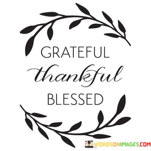 Appreciative for life's gifts. The quote reflects gratitude. It's about positive sentiment. The speaker implies that feeling grateful, thankful, and blessed is an acknowledgment of the positive aspects of life, emphasizing the importance of recognizing and cherishing the blessings that come our way.

Positivity amplifies well-being. The quote points to emotional enrichment. It's about mindfulness. The speaker suggests that embracing an attitude of gratitude and thankfulness can contribute to overall well-being, highlighting the impact of focusing on the positives rather than dwelling on the negatives.

Gratitude nurtures contentment. The quote hints at inner fulfillment. It's about harmony. The speaker implies that expressing gratitude for the blessings in one's life nurtures a sense of contentment, promoting the idea that acknowledging the abundance around us fosters a more positive and harmonious outlook on life.