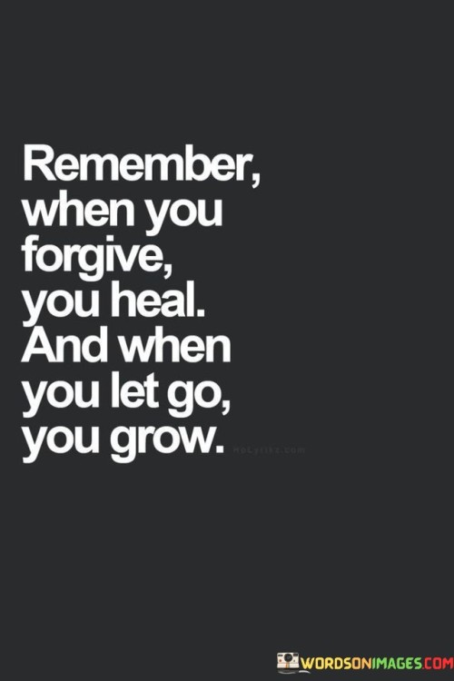 The quote, "Remember, when you forgive, you heal. And when you let go, you grow," encapsulates a profound lesson in the transformative power of forgiveness and letting go. It underscores the idea that holding onto grudges, resentment, or past hurts only perpetuates emotional pain and stagnation. On the other hand, choosing to forgive and release negative attachments enables us to experience healing and personal growth. The quote serves as a powerful reminder that forgiveness is not only a gift we offer to others but also a powerful act of self-compassion and liberation. By embracing the capacity to forgive and let go, we free ourselves from the burdens of the past and open the door to self-discovery, resilience, and emotional well-being. At its core, the quote highlights the profound impact of forgiveness on our emotional and mental well-being. When we choose to forgive those who have wronged us, we release the grip of anger, resentment, and bitterness, allowing space for healing to occur. Forgiveness is an act of compassion and understanding, acknowledging that all individuals are fallible and capable of mistakes. It enables us to break free from the cycle of pain and to reclaim our emotional freedom. Moreover, the quote emphasizes the transformative nature of letting go. When we release attachments to past events, toxic relationships, or self-limiting beliefs, we create space for personal growth and renewal. Letting go involves the willingness to shed old patterns that no longer serve us, embrace change, and move forward with a sense of purpose and resilience. Furthermore, the quote highlights the interconnectedness between forgiveness and personal growth. By forgiving others and ourselves, we create an opportunity for inner healing and self-discovery. Forgiveness enables us to learn valuable lessons from past experiences and empowers us to make more informed and compassionate choices in the future. In conclusion, the quote "Remember, when you forgive, you heal. And when you let go, you grow" illuminates the transformative power of forgiveness and letting go. It reminds us that forgiveness is a profound act of self-compassion that liberates us from emotional pain and allows for healing and growth to occur. Letting go of negative attachments and self-limiting beliefs enables us to embrace personal growth and resilience. By practicing forgiveness and letting go, we pave the way for emotional well-being, self-discovery, and a more fulfilling life journey. The quote serves as a powerful invitation to embrace forgiveness and release, creating a path towards healing, growth, and inner liberation.