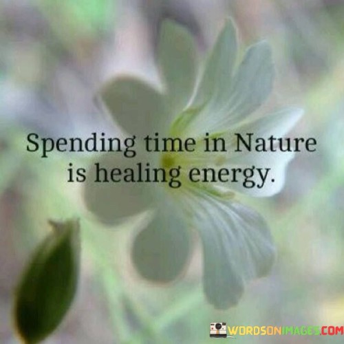 The quote celebrates the therapeutic quality of nature. "Spending time in nature" signifies a deliberate connection with the natural world. "Healing energy" reflects the rejuvenating and restorative power found in natural surroundings. The quote suggests that immersing oneself in nature can provide a sense of healing and revitalization.

The quote underscores the profound impact of nature on well-being. It highlights the idea that spending time in natural settings can have a positive influence on mental and emotional health. "Healing energy" signifies the calming, soothing, and revitalizing effects that nature can provide, offering respite from the stresses of daily life.

In essence, the quote speaks to the therapeutic and restorative qualities of nature. It emphasizes the importance of taking time to connect with the natural world as a means of recharging one's energy and finding a sense of balance and healing amidst the demands of modern life. The quote reflects the recognition of nature as a source of solace and renewal for the human spirit.