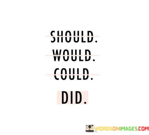 These four words encapsulate stages of action and decision. "Should" implies potential choices, suggesting what might be right. "Would" reflects intentions, indicating what could be if pursued. "Could" embodies possibilities, marking what's achievable with effort. "Did" represents realization, showing the outcome of taking action.

These four words capture phases of decision-making and action. "Should" indicates possibilities, implying what might be advisable. "Would" signifies intentions, hinting at what one might do. "Could" encompasses potentials, illustrating what's achievable. "Did" denotes realization, indicating action taken and results achieved.

These four words encapsulate progression in decisions and actions. "Should" presents options, indicating what's advisable. "Would" expresses intention, suggesting potential actions. "Could" outlines possibilities, showcasing what's achievable. "Did" represents accomplishment, showcasing the outcome of chosen actions.