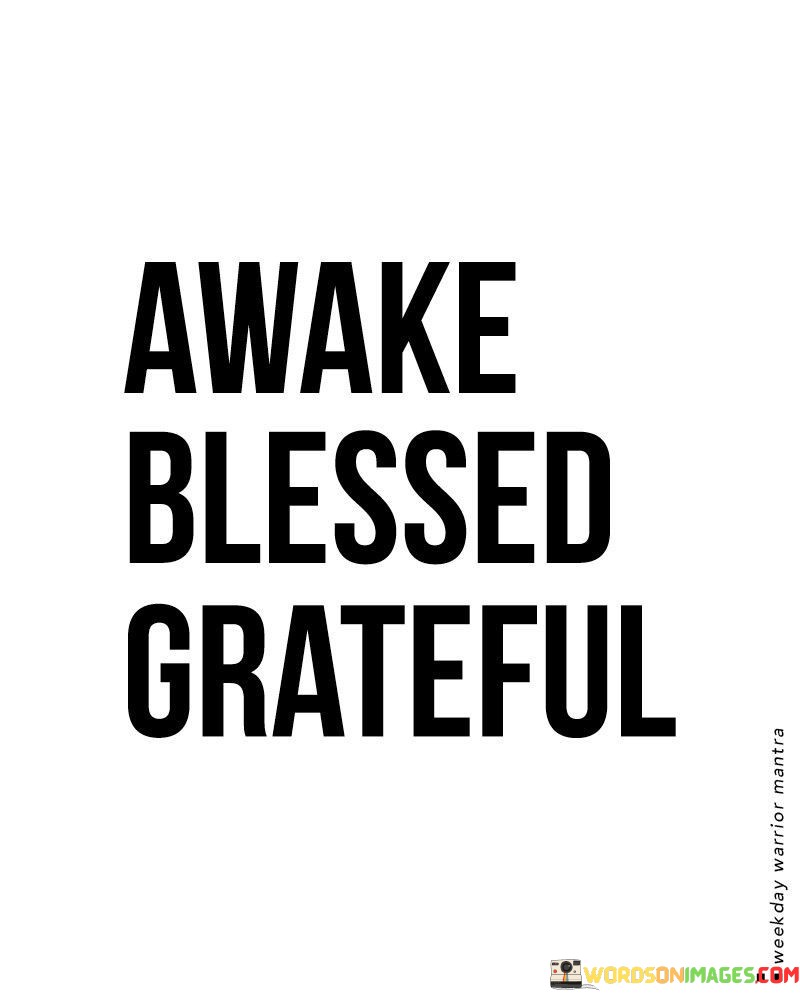 "Awake Blessed Grateful" encapsulates the essence of starting each day with a positive mindset. "Awake" reminds us of the privilege of waking up to a new day, ready to embrace life's opportunities. It's a call to mindfulness, urging us to be present and aware of our surroundings. 

"Blessed" acknowledges the abundance we have in our lives, highlighting the importance of recognizing the blessings that surround us. It's a reminder to appreciate what we have rather than focusing on what we lack. This word evokes a sense of gratitude for the people, experiences, and things that enrich our lives.

"Grateful" encapsulates the idea of acknowledging and expressing thankfulness for the blessings we've received. It encourages us to cultivate an attitude of gratitude, fostering a positive outlook on life. By combining these three words, the quote encourages us to wake up with a sense of awareness, recognize our blessings, and embrace a grateful heart to start the day on a positive note.