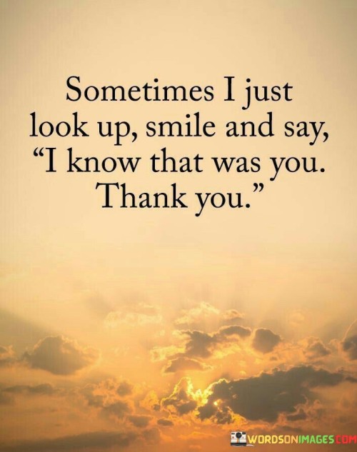 This statement reflects a sense of gratitude and connection with the divine:

"Sometimes I just look up": It suggests moments of contemplation or acknowledgment of something beyond the immediate.

"Smile and say I know that was you": In these moments, there's a recognition and appreciation of some positive or meaningful occurrence.

"Thank you": This expresses gratitude for the perceived sign or intervention from a higher power.

In essence, this statement represents a personal connection with the divine, where individuals attribute moments of happiness or serendipity to a higher power and express their thankfulness for these experiences. It's a way of finding comfort and reassurance in the belief that there's a guiding force at play in their lives.