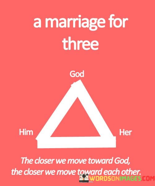 This quote reflects a perspective on marriage that includes not just the union between two individuals but also a divine presence. It suggests that in a marriage, there are three entities involved: God, the husband, and the wife. As the couple grows closer to each other, they also draw closer to God.

In essence, this quote underscores the idea that a successful and meaningful marriage involves a spiritual dimension. It encourages the couple to strengthen their bond with each other while also nurturing their connection with a higher power.

Ultimately, it emphasizes the belief that a strong marriage is one that incorporates faith and the presence of God, leading to a deeper and more harmonious relationship between the husband and wife.