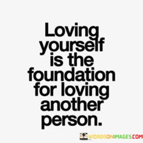 The quote highlights the importance of self-love as a basis for healthy relationships. It suggests that loving oneself is a prerequisite for effectively loving and connecting with others. This viewpoint underscores the idea that a positive self-image contributes to more fulfilling and authentic relationships.

The quote underscores the concept of self-care. It conveys that individuals must first nurture their own well-being and self-esteem before extending love to others. This perspective encourages individuals to cultivate self-compassion and self-acceptance as a foundation for building meaningful connections.

Ultimately, the quote promotes the idea of balance. It implies that self-love complements and enhances one's capacity to love others. By highlighting the interplay between self-love and loving relationships, the quote guides individuals towards fostering healthier connections rooted in mutual respect and emotional well-being.