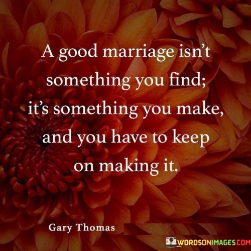 In the first part, "A Good Marriage Isn't Something You Find," the quote dismisses the notion that a perfect marriage is stumbled upon by chance. It suggests that the idea of finding an ideal partnership is unrealistic.

The second part, "It's Something You Make and You Have to Keep on Making It," underscores the importance of active participation in the relationship. It implies that a strong marriage is crafted through consistent investment of time, love, understanding, and patience.

In essence, this quote celebrates the idea that a good marriage is a product of the dedication and perseverance of both partners. It encourages couples to view their relationship as a continuous journey of growth and improvement, where the act of "making" the marriage is an ongoing and rewarding endeavor.