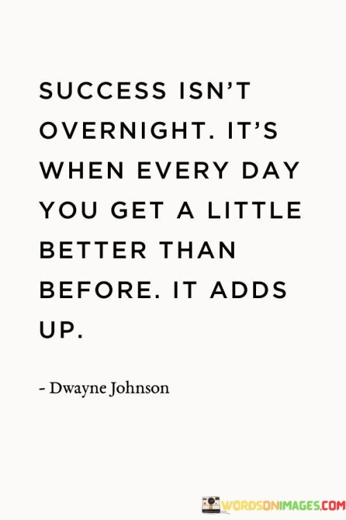 Absolutely, "Success Isn't Overnight, It's When Every Day You Get A Little Better Than Before, It Adds Up" captures the gradual and accumulative nature of success.

The quote emphasizes that success is not a sudden event but rather a result of consistent improvement. It underscores the importance of daily progress, no matter how small. Each day's incremental growth contributes to the overall journey toward success.

By highlighting the value of consistent efforts, the quote encourages individuals to focus on the process rather than just the end goal. It's a reminder that success isn't solely about achieving monumental feats, but also about embracing self-improvement on a continuous basis.