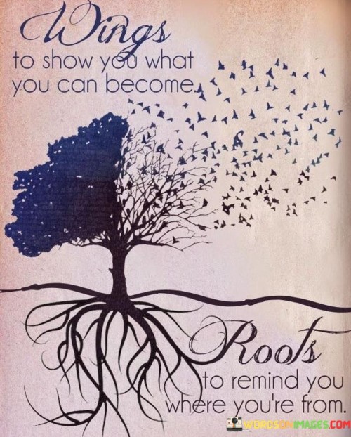 The quote, "Wings to show you what you can become, roots to remind you where you're from," encapsulates a powerful metaphor for personal growth and self-awareness. It likens individuals to trees with both wings and roots, representing the journey of self-discovery and the significance of staying grounded in one's roots. The "wings" symbolize the potential within each person, the aspirations, dreams, and limitless possibilities that lead to growth and transformation. They represent the drive to explore new horizons, to soar to greater heights, and to embrace one's full potential. On the other hand, the "roots" symbolize the foundation of one's identity, heritage, and experiences that anchor individuals to their origins, values, and cultural background. The roots serve as a reminder of the importance of staying connected to one's past and heritage, acknowledging the influences that have shaped who we are today. The quote encourages individuals to embrace their aspirations while never forgetting their roots, finding a delicate balance between growth and self-discovery while honoring their origins. By understanding the significance of both wings and roots, we embark on a journey of personal growth, resilience, and authenticity, realizing our full potential while cherishing the essence of where we came from. At its core, the quote celebrates the idea of self-discovery and the pursuit of personal growth. The "wings" represent the innate potential within each individual to explore new possibilities, dream big, and embark on journeys of self-improvement. They symbolize the courage to take risks, the willingness to step out of comfort zones, and the drive to achieve greatness. The quote invites us to tap into this potential, to embrace our aspirations, and to strive to become the best version of ourselves. Moreover, the quote emphasizes the importance of staying rooted in our origins and cultural background. The "roots" serve as a reminder of the unique influences that have shaped our identity, values, and beliefs. They ground us in our heritage, connecting us to our family, community, and the experiences that have contributed to our growth. By acknowledging our roots, we maintain a sense of authenticity and appreciation for where we come from, fostering a deep understanding of our personal journey. Furthermore, the quote highlights the balance between growth and self-awareness. As we pursue our aspirations and embrace our potential, it is crucial never to lose sight of our roots. Understanding our origins and heritage provides us with a sense of belonging and identity, helping us navigate our journey with a strong foundation and a clear sense of self. In conclusion, the quote "Wings to show you what you can become, roots to remind you where you're from" offers a powerful metaphor for personal growth and self-awareness. It encourages individuals to embrace their aspirations and potential while cherishing their roots and cultural background. By understanding the significance of both wings and roots, we embark on a journey of authenticity, resilience, and personal growth, soaring to new heights while staying connected to our origins. This quote serves as a reminder to value both our dreams and aspirations as well as our heritage and experiences, finding harmony between growth and self-discovery while honoring our past. By embracing the essence of both wings and roots, we unlock our full potential, embracing our unique journey and shaping a future that reflects our authentic selves.