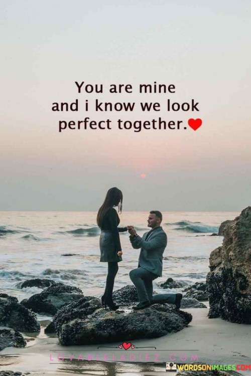 The phrase "You are mine" signifies a deep commitment and emotional attachment, suggesting a level of exclusivity and belonging in the relationship. It emphasizes that the speaker considers this person as their own.

The sentiment "I know we look perfect together" underscores the belief that their compatibility and connection are evident to others as well. It signifies that the speaker perceives their relationship as harmonious and well-suited, both in terms of appearance and emotional connection.

In essence, this quote celebrates the idea of a strong and harmonious partnership, highlighting the deep love and sense of belonging that the speaker feels toward the person they address. It signifies a deep connection and the belief that they are a perfect match.