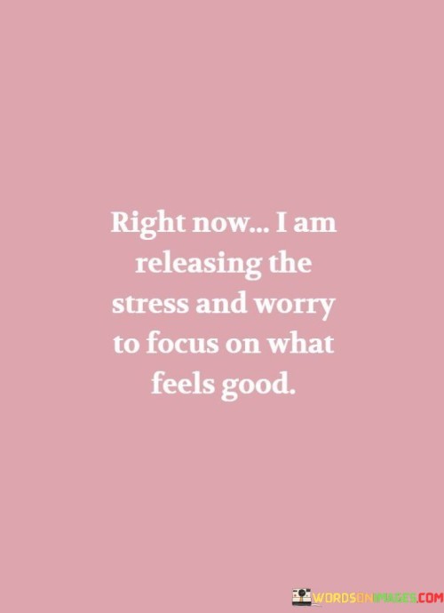 This statement expresses a commitment to letting go of stress and worry in order to prioritize positive well-being:

"Right now, I am releasing the stress and worry": It signifies the conscious choice to let go of negative emotions and concerns.

"To focus on what feels good": This part emphasizes the intention to redirect attention and energy toward positive and enjoyable aspects of life.

In essence, this statement reflects a proactive approach to self-care and mental health. It underscores the importance of choosing to release stress and worry in favor of cultivating a more positive and fulfilling experience in the present moment.