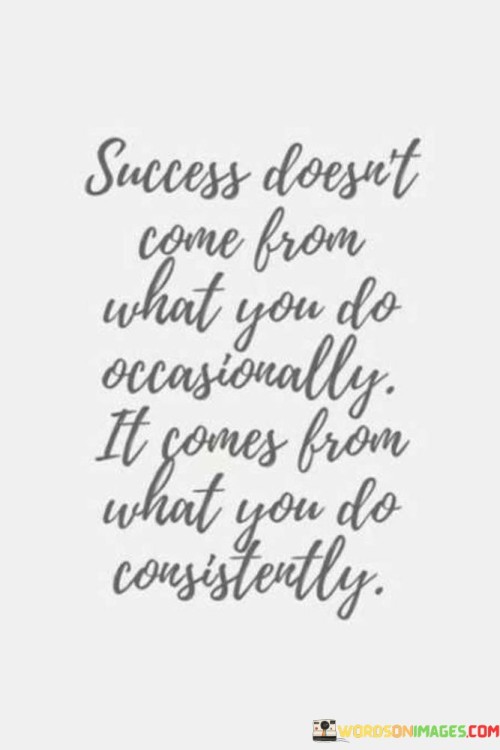 "Success doesn't come from what you do occasionally; it comes from what you do consistently" emphasizes the importance of consistent effort in achieving success. It highlights that sporadic actions yield limited results, while sustained commitment and dedication lead to meaningful accomplishments.

The quote underscores the value of habits and routines. By consistently engaging in productive actions, individuals create a foundation for progress. Regular practice allows for skill development, continuous learning, and the accumulation of small victories over time.

Furthermore, the quote speaks to the cumulative effect of consistency. Each small step taken consistently contributes to a larger journey of achievement. It encourages individuals to prioritize discipline over short-term bursts of activity, recognizing that steady progress ultimately yields more substantial and lasting results.