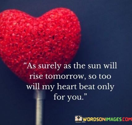 "As Surely as the Sun Will Rise Tomorrow" suggests that just as the sunrise is a natural and inevitable occurrence, the speaker's love for the person being addressed is equally constant and certain.

"So Too Will My Heart Beat Only for You" signifies that the person holds a central and unchanging place in the speaker's affections. It implies that their love is unwavering and steadfast, and their heart belongs exclusively to this special person.

In essence, this quote beautifully conveys the depth and permanence of the speaker's love, emphasizing that it is as unchanging and certain as the rising sun, a constant and enduring force in their life.