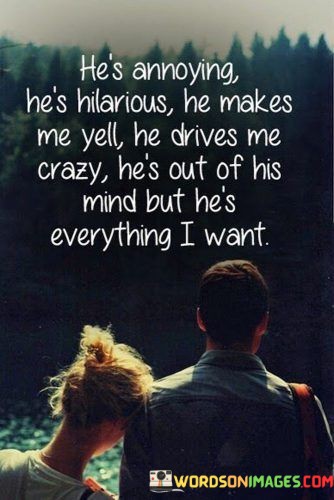 This quote portrays a complex and contradictory set of emotions in a relationship. The first part, "He's Annoying," acknowledges that the person being described has qualities that can be frustrating or irritating at times. This is a candid admission of imperfections in the individual.

The next part, "He's Hilarious," highlights the person's sense of humor and likable qualities. This implies that despite the annoyances, this individual has the ability to bring laughter and joy into the speaker's life.

The concluding part, "He's everything I want," reveals the underlying love and acceptance the speaker has for this person. It suggests that, despite the flaws and eccentricities, the speaker values and desires this individual for who they are, embracing both the challenging and endearing aspects of the relationship. In essence, the quote encapsulates the complexity of love, where someone can simultaneously exasperate and fulfill us, ultimately capturing our hearts.