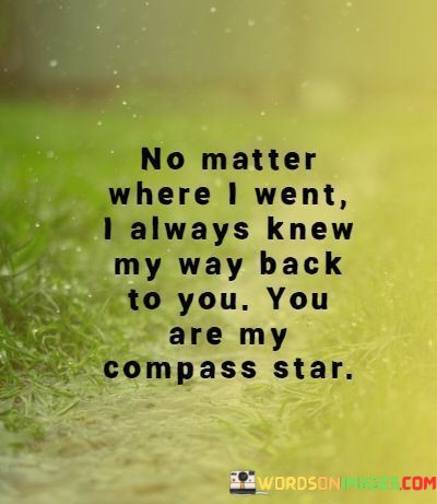 The assertion "I always knew my way back to you" signifies that, despite any distance or detours, the person has a profound and unbreakable connection with the speaker. It suggests that the person serves as a constant point of reference, guiding the speaker back to them.

The term "You are my compass star" beautifully likens the person to a guiding star or compass. It symbolizes their role as a source of direction and orientation in the speaker's life, helping them navigate the complexities of life's journey.

In essence, this statement celebrates the idea of a love that provides a sense of home and direction, no matter where life may take the speaker. It emphasizes the profound connection and guidance that the person offers, making them the true north in the speaker's life.