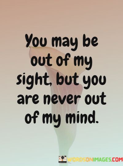 This quote beautifully expresses the enduring presence of someone in the speaker's thoughts and heart, even when they are physically apart. It highlights the depth of their connection and the lasting impact the person has on their mind and emotions.

The phrase "You may be out of my sight but you are never out of my mind" conveys the idea that true emotional bonds transcend physical distance. It implies that the person continues to occupy a special place in the speaker's thoughts and memories, no matter where they are.

In essence, this quote celebrates the lasting and meaningful connection between two individuals, emphasizing that even when they are separated, the love and thoughts for the other person remain constant and unwavering.