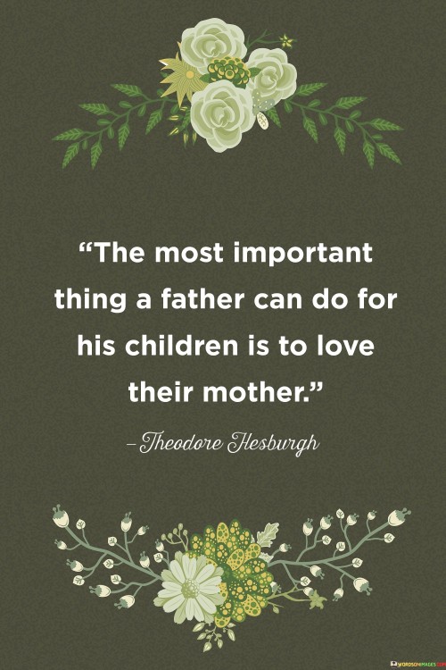 "The most important thing a father can do for his children" suggests that while fathers have many responsibilities and roles in their children's lives, nurturing a loving and supportive relationship with the mother holds a central place. This relationship can serve as a model for the children's understanding of love, respect, and healthy partnerships.

"Is to love their mother" underscores the idea that a strong and loving parental relationship provides a stable and nurturing environment for children to grow and thrive. It teaches them about the values of love, respect, and cooperation, which they are likely to carry into their own relationships and lives.

In summary, this quote highlights the profound influence of a father's love and respect for their partner on the family's overall well-being and the upbringing of the children. It stresses the importance of modeling healthy relationships as a fundamental aspect of parenting.