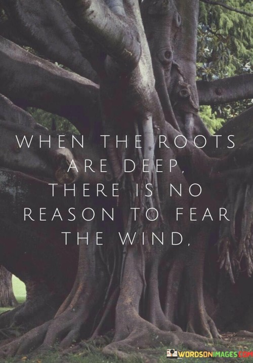 "When the roots are deep": This phrase symbolizes a strong and well-established foundation, whether in a person's life, relationships, or values.

"There is no reason to fear the wind": Here, the quote likens life's challenges and adversities to the wind, suggesting that when one has a solid and deep-rooted foundation, they can face and endure these challenges with confidence and resilience.

In essence, this quote serves as a metaphor for the importance of building a strong and resilient foundation in various aspects of life. It encourages individuals to invest in their personal growth, relationships, and values so that they can face life's storms and uncertainties with courage and confidence, knowing that they have the strength to withstand them.