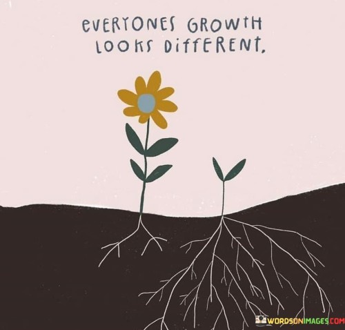 This quote emphasizes that personal development varies from person to person. It suggests that each individual's progress and advancement in life take on unique forms, based on their own circumstances and efforts.

The phrase "everybody's growth" highlights the diverse ways in which people evolve and improve. It's as if everyone's journey of self-improvement is distinctive, influenced by their experiences, goals, and choices. This concept recognizes that growth isn't a one-size-fits-all process.

"Looks different" underscores the idea that outward appearances can be deceiving. It's like saying that the surface-level view of someone's growth doesn't capture the full scope of their progress. This phrase prompts us to avoid making assumptions based solely on what we see, as each person's growth story is shaped by a multitude of factors beyond what's visible.

In essence, this quote reminds us not to compare our growth or achievements to others'. Just as every individual is unique, so is their path of development. By recognizing that growth takes on various forms, we can appreciate the diversity of experiences and efforts that shape each person's journey toward self-improvement.