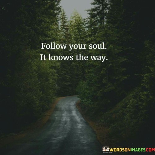 Trust the guidance of your inner self, as it holds the wisdom to lead you in the right direction. This quote encourages listening to your intuition and following the path that resonates with your soul. It's a reminder that deep within, you possess the answers to your questions and the ability to navigate life's journey.

Imagine your soul as a compass, pointing you towards your true north. Just as a compass helps a traveler find their way, your inner knowing can guide you through life's twists and turns. This quote suggests that by tuning into your soul's whispers, you can align your choices with your authentic desires.

This quote speaks to the power of self-discovery and self-trust. Like a trusted friend, your soul knows your deepest aspirations and what truly brings you joy. Following your soul's lead means living a life that's aligned with your passions and values. It's a call to tune out external noise and tune into your own inner guidance, allowing your soul to illuminate the path that's uniquely yours.