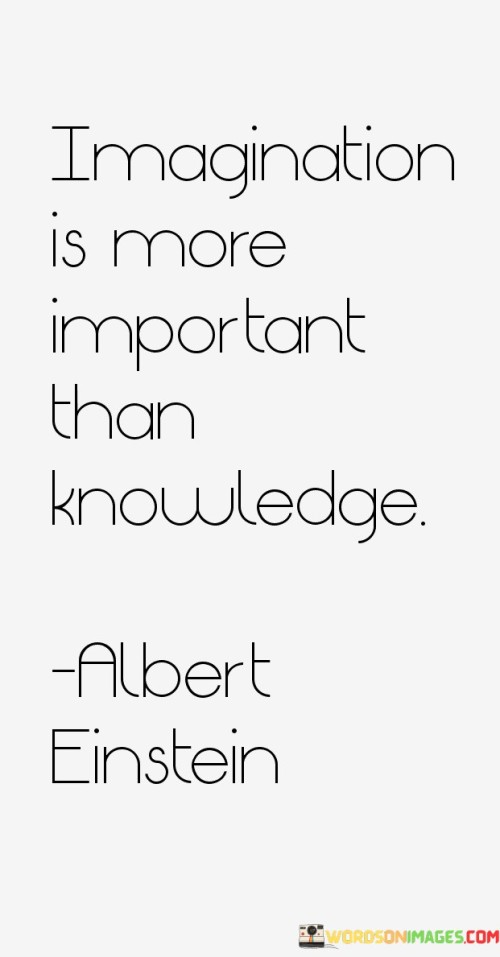 This quote highlights the value of creativity and innovation over mere factual understanding. In simple terms, it suggests that the ability to imagine and create is more significant than the accumulation of facts and information.

Knowledge is what we learn from existing information and experiences, while imagination involves envisioning new possibilities and concepts. The quote implies that imagination is the driving force behind progress and discovery. It encourages us to think beyond what we already know, to explore uncharted territories, and to invent new solutions to challenges.

Great inventions, art, and breakthroughs often stem from imaginative thinking. While knowledge provides a foundation, imagination fuels the expansion of that knowledge into unexplored realms. The quote serves as a reminder that fostering our imaginative capacities can lead to groundbreaking advancements that shape the course of human history. It emphasizes that both knowledge and imagination have their roles, but it's the power of imagination that propels us into uncharted and innovative territories.