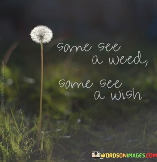 Different perspectives shape how people view things. What one person considers a weed, another might see as a wish. It's like looking at the same object through different lenses – each viewpoint reveals a distinct truth.

This quote captures the idea that beauty lies in the eye of the beholder. A weed might be unappealing to some, yet to others, it holds the potential for wishes. This notion extends to life in general – what might seem undesirable at first glance could hold hidden opportunities.

Perception drives interpretation. Just like interpreting art, people's backgrounds and experiences influence how they perceive the world. The quote encourages us to recognize that diverse viewpoints exist. While some may see problems, others see potential. So, remember, the way you see things isn't the only way – there's a myriad of perspectives, and each offers a unique insight.