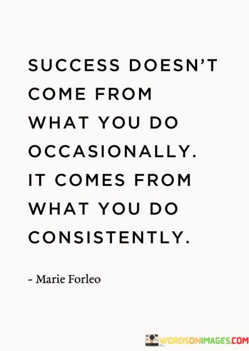 "Success Doesn't Come From What You Do Occasionally, It Comes From What You Do Consistently": This statement underscores the importance of consistency in achieving success. It highlights that sporadic efforts are insufficient; rather, it's the sustained and disciplined actions over time that lead to meaningful accomplishments.

The statement emphasizes that success is a result of habits and routines. Regular and persistent actions build momentum and expertise, leading to incremental progress. By consistently showing up and putting in the effort, individuals increase their chances of achieving their goals.

In essence, the statement encourages individuals to focus on building habits and maintaining dedication. It's not the occasional bursts of activity that define success, but the commitment to consistently work towards one's objectives. This principle applies across various areas of life, from personal growth to professional achievements, reminding individuals that small, consistent steps can lead to significant and lasting success.