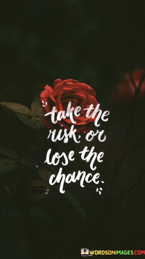 Decide: take the leap or miss out. This quote urges embracing opportunities, even if they carry uncertainty. Life is full of chances, and not taking a risk might mean losing out on something incredible.

Think of life as a game of cards. You can't win if you don't play. Similarly, taking a chance is like putting your card on the table, giving you a shot at victory. Regret often stems from missed opportunities, the chances not taken. This quote encourages action over stagnation.

Embracing risks isn't about being reckless; it's about realizing that life's most rewarding moments often lie beyond comfort zones. Just as the first step of a journey is the hardest, saying yes to a risk might be daunting, but it can lead to growth, success, and unexpected joys. In the end, this quote reminds us that fortune favors the bold – those who dare to seize opportunities and create their own destiny.