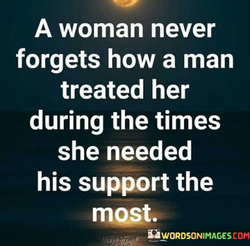 The quote "A woman never forgets how a man treated her during the times she needed his support the most" encapsulates the lasting impact of a man's actions and support, or lack thereof, during the most challenging moments in a woman's life. It highlights the significant role that support, empathy, and understanding play in building trust and shaping the dynamics of a relationship. The quote acknowledges that a woman remembers and internalizes the way a man treated her when she was most vulnerable, underscoring the importance of compassion and reliability during times of need.
The quote recognizes that a woman's memory of how a man treated her during her moments of greatest vulnerability is enduring. It suggests that the actions or lack of support from a man in these critical times can deeply influence her perception of him and the relationship as a whole. The woman's memory serves as a reminder of the emotional impact of his behavior and sets the foundation for trust and emotional connection.
The quote highlights the significance of support and understanding in a relationship. It implies that during difficult periods in a woman's life, the support of her partner can be crucial for her emotional well-being and sense of security. The way a man shows up, provides comfort, and stands by her side during these times contributes greatly to her feelings of being valued, loved, and supported.
Additionally, the quote carries an underlying message of accountability. It suggests that a man's actions and behaviors matter deeply and can have long-lasting effects on a woman's perception and emotional experience within the relationship. It emphasizes the responsibility to be present, empathetic, and supportive, especially during the times when a woman is most in need.

In summary, this quote highlights the significance of a man's support during the vulnerable moments in a woman's life. It underscores the lasting impact of his actions and behaviors during these times and the importance of being present and compassionate. It serves as a reminder of the profound effect that support, or lack thereof, can have on a woman's emotions and her perception of the relationship. Ultimately, it emphasizes the value of empathy, understanding, and reliability in fostering a strong and meaningful connection between a man and a woman.