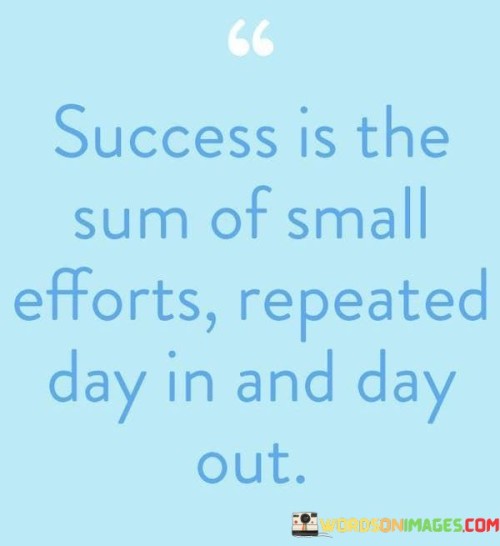 The statement "Success Is The Sum Of Small Efforts Repeated Day In And Day Out" encapsulates the essence of consistent and dedicated progress. It highlights that lasting success is not born from grand gestures but rather from the accumulation of small, consistent actions performed consistently over time.

The phrase underscores the power of consistency and perseverance. By committing to daily efforts, no matter how modest they may seem, individuals can create a cumulative effect that leads to significant achievements. This approach acknowledges that progress is often gradual, emphasizing the value of patience and persistence.

Furthermore, the statement emphasizes the importance of routine and habit in achieving success. Regularly engaging in focused, purposeful actions fosters discipline and helps overcome challenges. By making a habit of small efforts, individuals build a strong foundation for long-term growth and accomplishment.