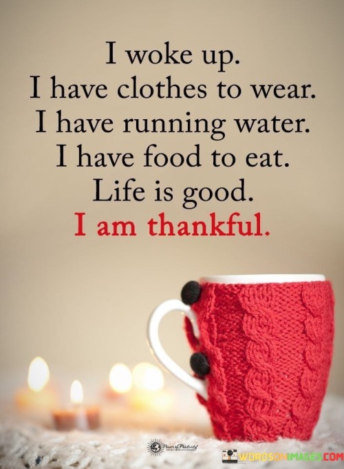 The quote expresses gratitude in recognizing life's essentials. In the first part, "I Woke Up," the speaker acknowledges the gift of a new day, setting a tone of appreciation for life itself.

Continuing, "I Have Clothes To Wear" emphasizes the privilege of clothing, symbolizing comfort and protection. It underlines the value of basic necessities often taken for granted.

The mention of "Running Water" and "Food to Eat" underscores fundamental resources that ensure well-being. These aspects reflect a deeper understanding of the blessings often overlooked, promoting a sense of contentment and thankfulness for life's basics.