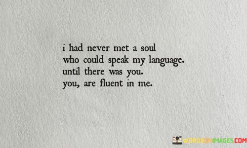 Firstly, it suggests that before meeting this person, the speaker had not encountered someone who could truly connect with them on a profound level. The metaphorical language highlights the rarity and uniqueness of this connection.

Secondly, it conveys the idea that the person being addressed not only understands the speaker but is in perfect harmony with them, as if they are speaking the same emotional and spiritual "language."

In essence, this statement celebrates the exceptional connection and understanding shared between the speaker and the person they love. It signifies that this individual has a deep and intuitive understanding of the speaker's innermost thoughts and emotions, making them feel truly seen and heard in a way they had never experienced before.