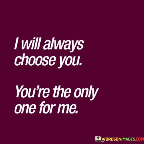 In the first paragraph, "I Will Always Choose You" expresses the speaker's unwavering commitment to the person they love. It signifies that, no matter the circumstances, they prioritize and select this individual above all others.

In the second paragraph, "You're The Only One For Me" adds a sense of exclusivity and uniqueness to their affection. It emphasizes that in the speaker's heart and mind, there is no one else who can compare or compete with the loved one.

In the final paragraph, the quote overall conveys a profound and unbreakable bond. It symbolizes a love that is steadfast and resolute, where the choice to be with this person is unwavering. This quote beautifully encapsulates the depth and loyalty of the speaker's love and devotion.