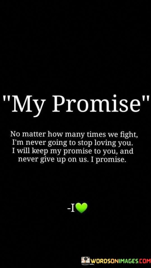 This heartfelt promise emphasizes unwavering love and commitment in the face of challenges. It conveys the idea that no matter how many disagreements or fights may arise in the relationship, the speaker is steadfast in their love and dedication to their partner.

The phrase "I'm never going to stop loving you" signifies enduring love that transcends temporary conflicts. It's a vow to persistently cherish and care for their loved one, regardless of the difficulties they encounter.

The commitment to keeping the promise and not giving up on the relationship underlines the importance of resilience and mutual effort in sustaining a meaningful connection. It's a testament to the belief that love can overcome obstacles when both individuals are willing to work through their differences and maintain their bond.