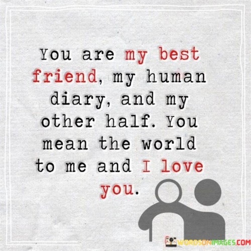 This quote beautifully expresses the depth of a close and meaningful relationship. In the first 40 words, it defines the person as a "best friend," highlighting the strong bond of friendship and trust. The mention of "human diary" suggests that this individual is a confidant, someone the speaker can share their deepest thoughts and feelings with.

In the next 40 words, the quote refers to the person as "my other half," indicating that they complete and complement the speaker in a profound way. It conveys the idea of a soulmate, someone with whom the speaker feels whole and fully themselves. The statement, "you mean the world to me," reinforces the tremendous importance and value of this person in the speaker's life.

In the final 40 words, the quote culminates with a declaration of love. It is a simple yet powerful affirmation that underscores the emotional depth of the connection. It sums up the essence of the relationship, emphasizing the profound affection and care the speaker has for the person, making it clear that they hold a central place in their heart.