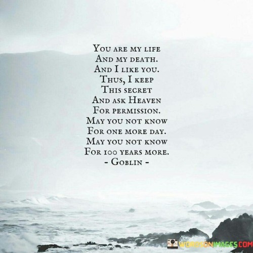 This quote conveys a deep and complex emotional sentiment. In the first 40 words, it suggests that the person addressed is not only a significant part of the speaker's life ("You Are My Life") but also an inevitable part of their mortality ("My Death"). The phrase "And I Like You" reflects affection and admiration.

In the next 40 words, the quote reveals the speaker's dilemma. They keep this profound feeling a secret, implying that the depth of their emotions may not be known or understood by the person they love. They seek "heaven's permission," which could symbolize fate or destiny, indicating a desire for the relationship to continue in its current state.

In the final 40 words, the quote expresses a longing for this secret to endure for a long time. The speaker hopes that the person addressed may never become aware of their feelings, either "for one more day" or "for 100 years more." This suggests a willingness to silently cherish their emotions and the special connection they share, regardless of whether it is openly acknowledged or not. It captures the complexity of love and the bittersweet nature of unspoken feelings.