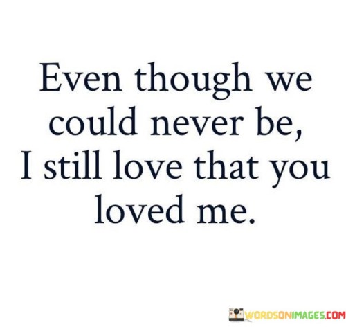 This statement reflects a bittersweet sentiment of appreciating the fact that someone loved the person addressing them, even though circumstances prevented them from being together. It conveys a sense of gratitude and nostalgia.

The phrase "even though we could never be" suggests that external factors or obstacles prevented a romantic relationship from forming. Despite this, the person addressing them still holds onto the love that was shared.

Overall, it's a poignant expression of the enduring power of love, even in situations where it couldn't fully flourish, and a recognition of the value of knowing that someone cared deeply for them in the past.