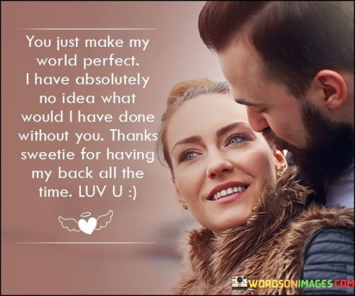 Your message exudes gratitude and affection. It expresses that the person you're addressing brings perfection to your world and you can't fathom what life would be without them. You thank them for their unwavering support and express your appreciation, addressing them affectionately as "sweetie."

The phrase "having my back all the time" signifies the reliability and trust you have in this person. It's a warm and heartfelt acknowledgment of their presence and the positive impact they've had on your life.

Overall, your message is a beautiful testament to the importance of this person in your life, emphasizing the love, support, and completeness they bring to your world.