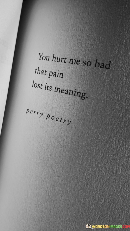 The quote conveys the depth of emotional anguish. "Hurt me so bad" signifies intense pain. "Pain lost its meaning" implies desensitization. The quote illustrates the severity of emotional turmoil that has reached a point of diminishing the significance of pain.

The quote underscores the extent of emotional damage. It reflects the profound impact of the hurt caused. "Lost its meaning" emphasizes the emotional toll that has rendered pain almost incomprehensible due to its intensity.

In essence, the quote speaks to the overwhelming nature of emotional suffering. It emphasizes the depth of pain that has become so severe that it almost defies description or comprehension. The quote captures the sentiment of being emotionally devastated to a point where the magnitude of pain seems beyond ordinary understanding.