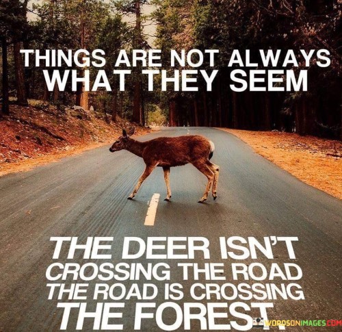 This quote employs a clever analogy to convey the idea that appearances can be deceiving and that our perspectives may not always reflect the complete truth. It uses the example of a deer crossing the road to illustrate this concept. On the surface, we might perceive the deer as the one crossing the road, but the quote humorously flips this perspective to suggest that, in reality, it is the road that is crossing the forest. This play on words challenges our initial perception and reminds us that there may be more to a situation than meets the eye.

The quote serves as a reminder to look beyond superficial appearances and consider alternative viewpoints. It encourages us to question our assumptions and remain open to different perspectives, as this can lead to a deeper understanding of the world and the situations we encounter.

In essence, the quote invites us to be curious and inquisitive, recognizing that things are not always as straightforward as they may appear. By embracing this mindset, we can develop a more nuanced and insightful understanding of the complexities of life.