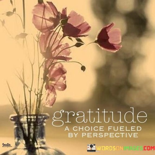 This quote emphasizes the power of perspective in cultivating gratitude. "Gratitude, a choice" reminds us that gratitude is not merely a feeling but a conscious decision to acknowledge and appreciate the positive aspects of life.

"Fueled by perspective" suggests that our outlook and how we interpret events play a crucial role in shaping our level of gratitude. Even in challenging situations, a positive perspective can uncover reasons to be grateful.

The quote inspires us to adopt a grateful mindset by actively seeking out the silver linings and blessings in every situation. By choosing to focus on the positive and shifting our perspective, we can foster a deeper sense of gratitude, leading to a more fulfilling and contented life. In essence, this quote encourages us to recognize that gratitude is a choice within our control, driven by how we perceive the world around us.