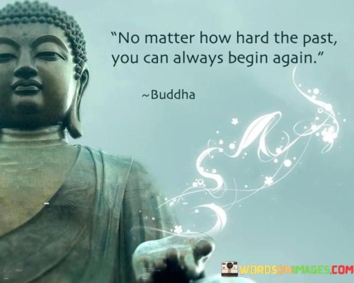 This quote conveys a message of hope and resilience. "No matter how hard the past" acknowledges the challenges and difficulties one may have faced.

"You can always begin again" emphasizes the opportunity for renewal and starting anew, regardless of past hardships.

The quote inspires us to believe in the power of second chances and the capacity for personal growth and transformation. It encourages us to release the weight of the past and embrace the potential for a fresh start. In essence, this quote reminds us that the past does not define our future and that we have the ability to write a new chapter in our lives at any moment. It offers a sense of liberation and optimism, motivating us to face each day with hope and the determination to create a brighter tomorrow.