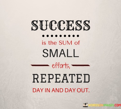 This statement emphasizes the significance of consistent and persistent actions as the foundation for achieving success.

The statement underscores the concept of dedication and consistency. It implies that the accumulation of small, consistent efforts over time leads to meaningful accomplishments.

In essence, the statement promotes a mindset of disciplined and focused work. It encourages individuals to prioritize steady progress and to recognize that each small effort contributes to the larger picture of success. By committing to daily actions aligned with their goals, individuals can steadily build momentum and achieve the outcomes they desire.