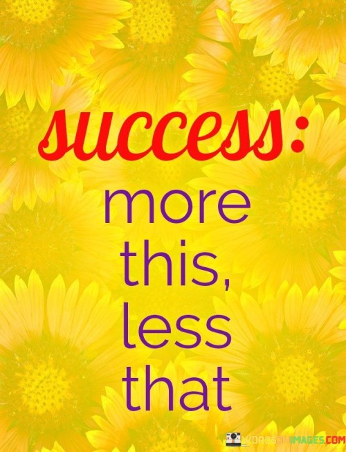 This concise phrase suggests that achieving success involves increasing certain positive behaviors or qualities while reducing or eliminating negative ones.

The phrase underscores the concept of self-improvement and optimization. It implies that success can be achieved by making intentional choices about where to invest one's time and energy.

In essence, the phrase promotes a mindset of conscious decision-making and balance. It encourages individuals to identify the behaviors, habits, and attitudes that contribute to success while letting go of those that hinder progress. By focusing on positive actions and making purposeful adjustments, individuals can create a path toward their desired success.