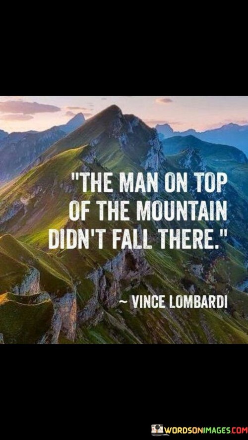 This quote carries a message about the journey to success and achievement. In the quote, it suggests that the person who reaches the summit of a mountain, symbolizing a position of greatness or accomplishment, didn't get there by chance or luck but through deliberate effort and determination.

The quote implies that reaching the top requires hard work, perseverance, and a willingness to overcome challenges and obstacles along the way.

Overall, this quote serves as a reminder that success often comes from sustained effort and a commitment to one's goals. It encourages individuals to embrace the journey and the effort required to reach their own "mountain tops" in life, recognizing that it's the climb that leads to the pinnacle of achievement.